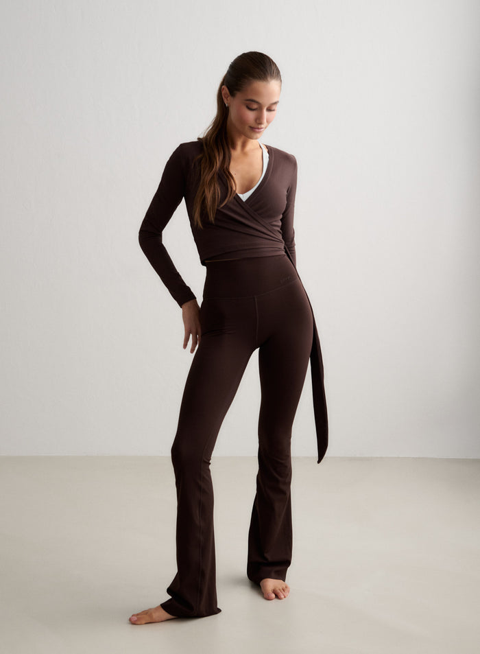 Chocolate high-waisted Sense Flare Petite Tights by aim'n with a buttery-soft second skin feel. [S-174cm]
