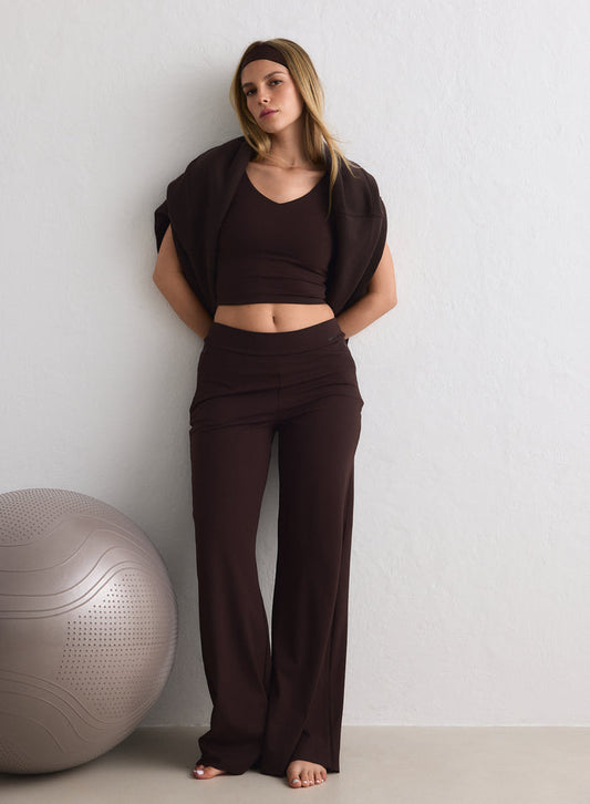 Chocolate brown Sense Tall Pants and matching crop top by aim'n styled for a relaxed look. [M-170cm]