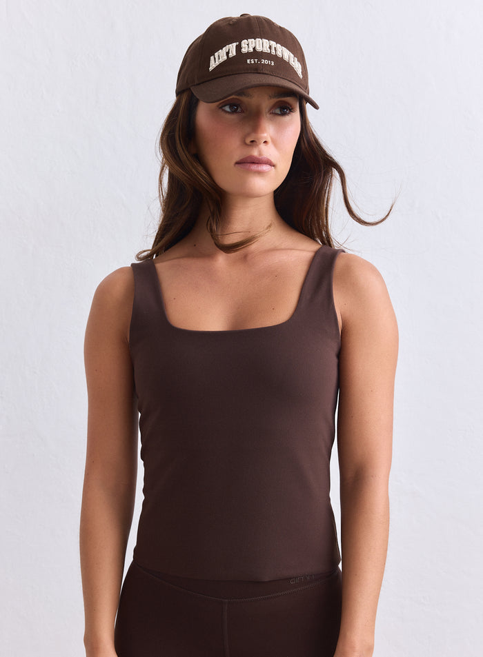 Chocolate brown aim'n Sense Singlet with a square neckline and wide straps for a second skin feel. [s-165cm]