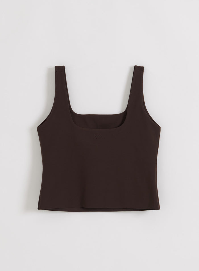 Chocolate Sense Singlet by aim'n featuring wide straps and a second skin feel in a flatlay.