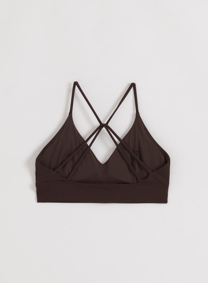 Chocolate brown aim'n Sense Strap Bra featuring a decorative strappy back and soft second skin fabric.