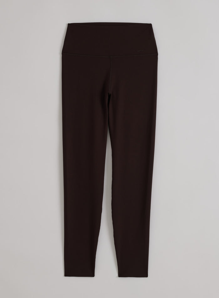 Chocolate brown high-waisted Sense Tall Tights by aim'n in a flatlay view, featuring a squat proof design.