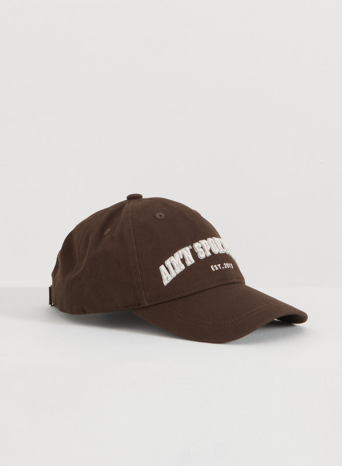 Chocolate brown cotton varsity cap featuring a white embroidered aim'n logo on the front.