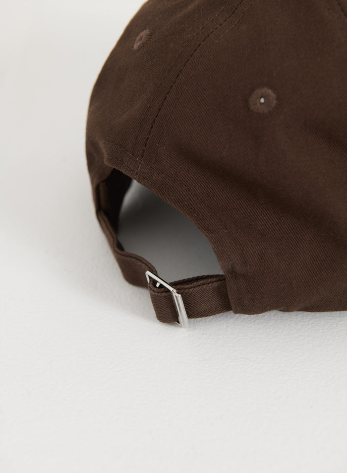 Chocolate cotton varsity cap from aim'n featuring an adjustable back strap with a silver metal buckle.