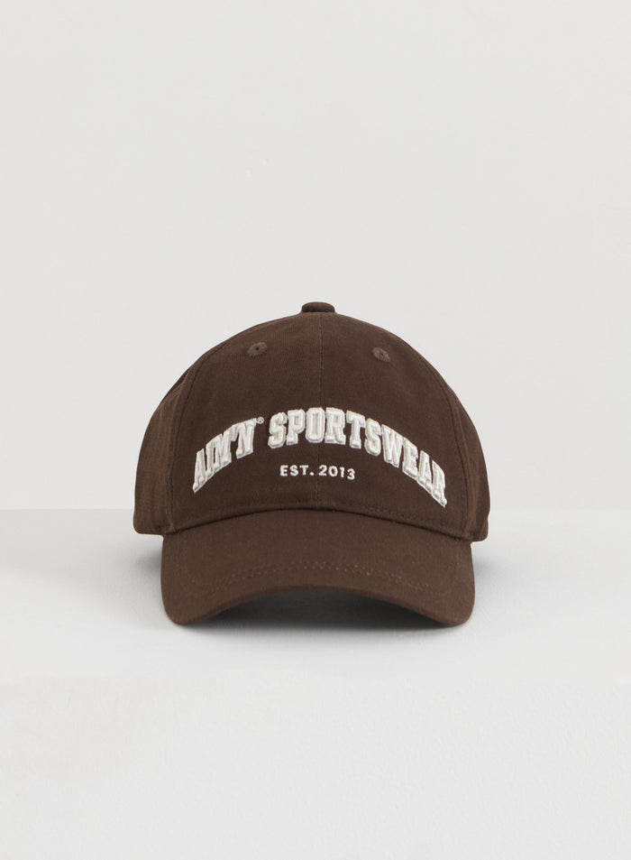 Chocolate brown cotton varsity cap featuring a white embroidered aim'n logo on the front.
