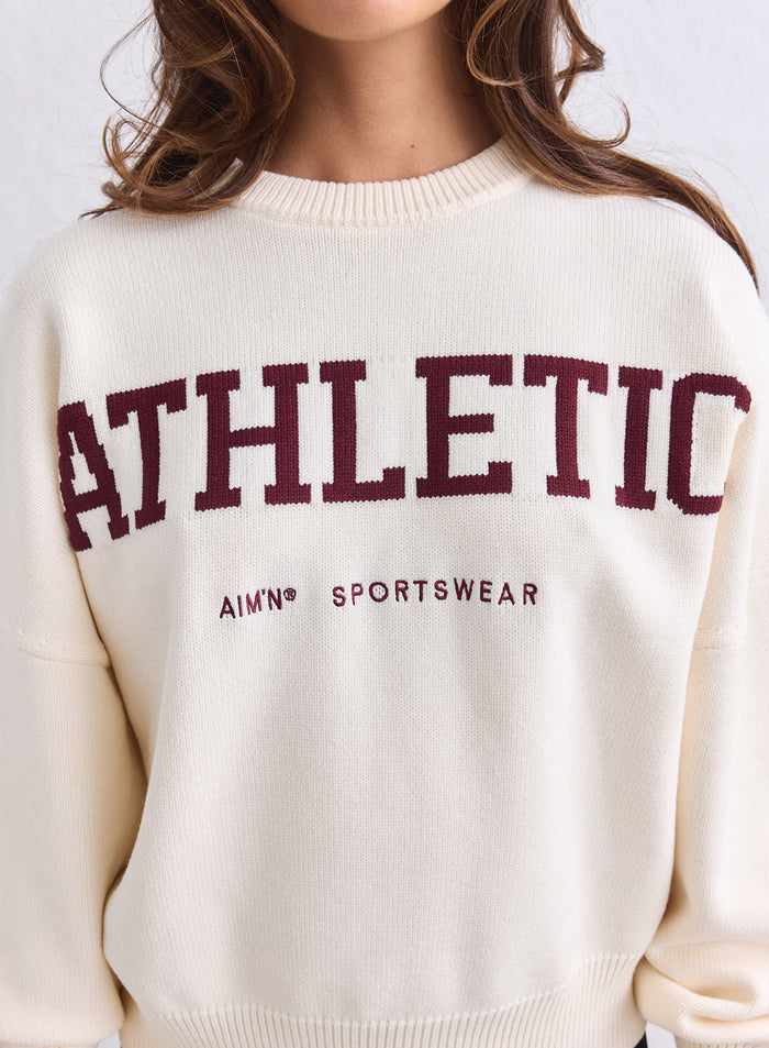 Cream Athletic Knit Sweatshirt with burgundy varsity lettering and aim'n branding on the chest. [S-165cm]