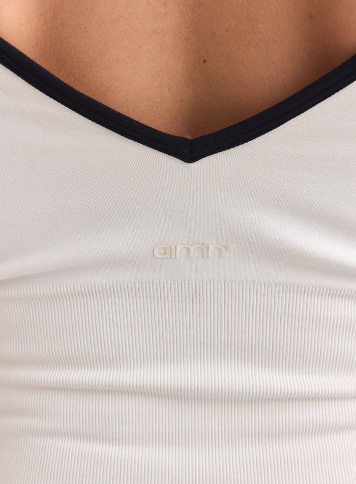 Cream Black Shape Seamless Deep Cut Singlet