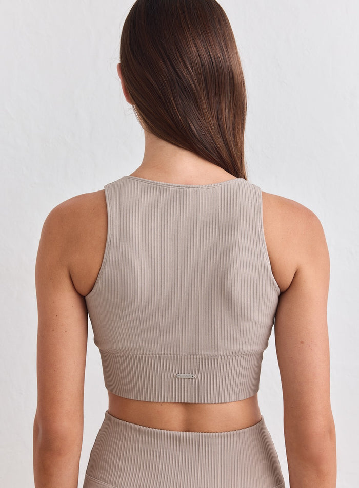 Dark clay ribbed seamless crop top by aim'n seen from the back, featuring a high-cut neck [XS-178CM]