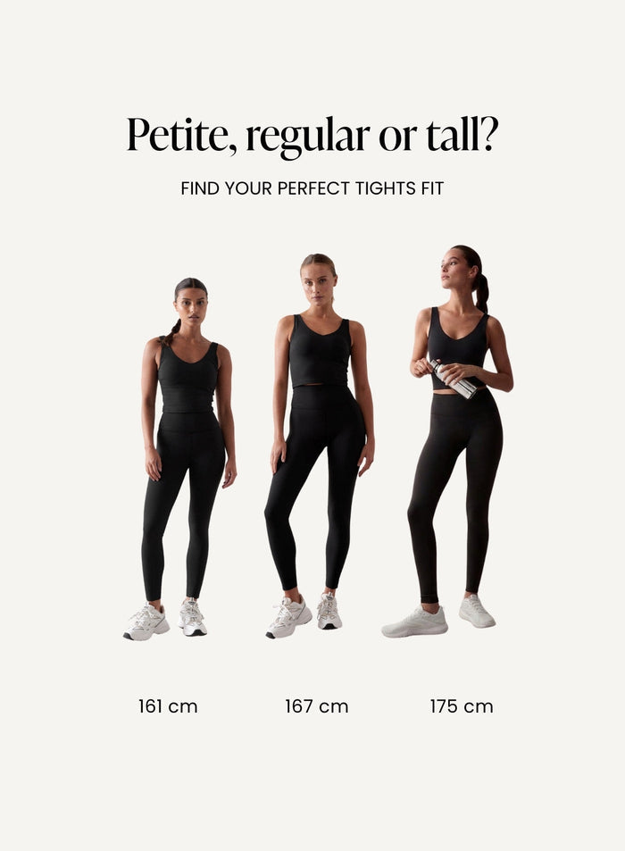 Three models in black activewear showcasing aim'n Sense Tights in petite, regular, and tall fits [petite-tall-CM]
