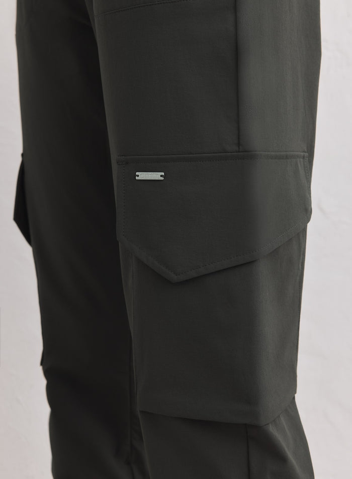 Dark Ivy Cargo Pants detail featuring a side flap pocket and silver metal aim'n logo plate. [xs-163cm]