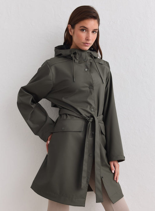 Dark Ivy Rain Jacket from aim'n with a belted waist, adjustable hood, and waterproof finish. [M-178cm]