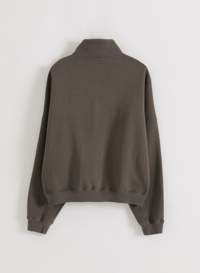 Back view of the dark ivy Varsity Sweat Half Zip sweatshirt laid flat, featuring a stand collar, long sleeves, ribbed cuffs and ribbed hem