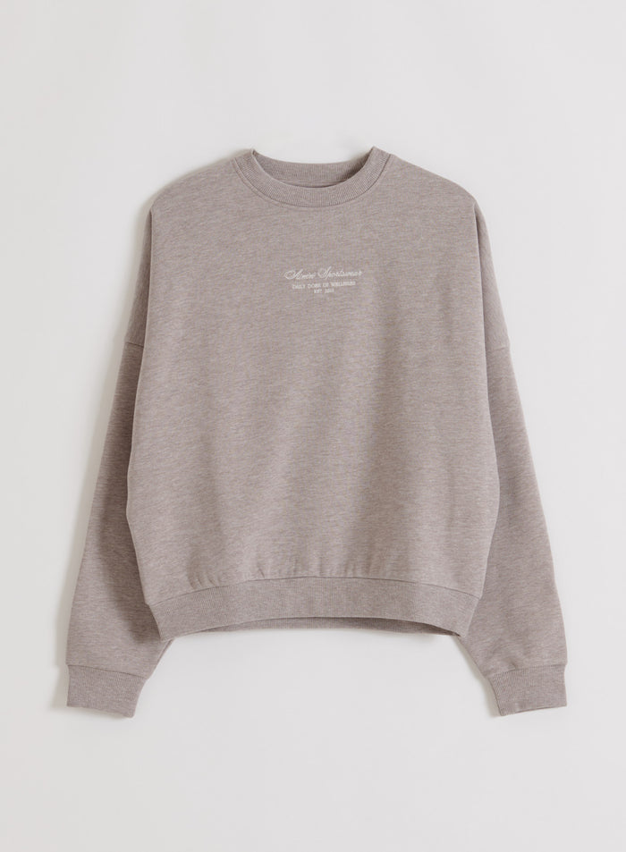 Espresso Melange Script Sweatshirt with white embroidered aim'n logo on a soft brown marl fabric.