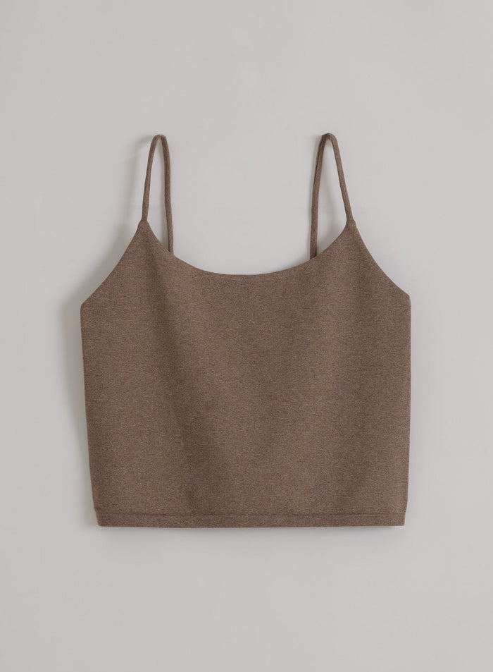 Brown Espresso Melange aim'n Shape Seamless Strap Singlet with thin straps in a flatlay view.