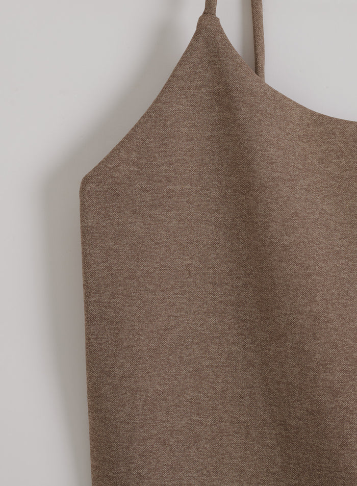 Detailed flatlay of an espresso melange aim'n Shape Seamless Strap Singlet with a thin shoulder strap.