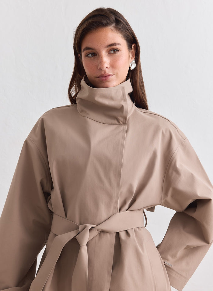 Espresso aim'n Waterproof Coat featuring a high structured collar and tied waist belt [M-178cm]