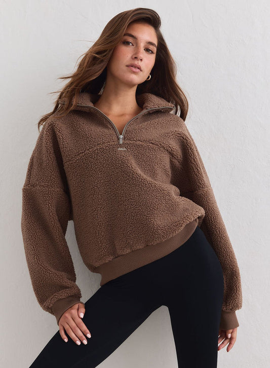 Cozy hazelnut Pile Half Zip featuring a textured fleece finish and ribbed trim by aim'n. [XS-178cm]