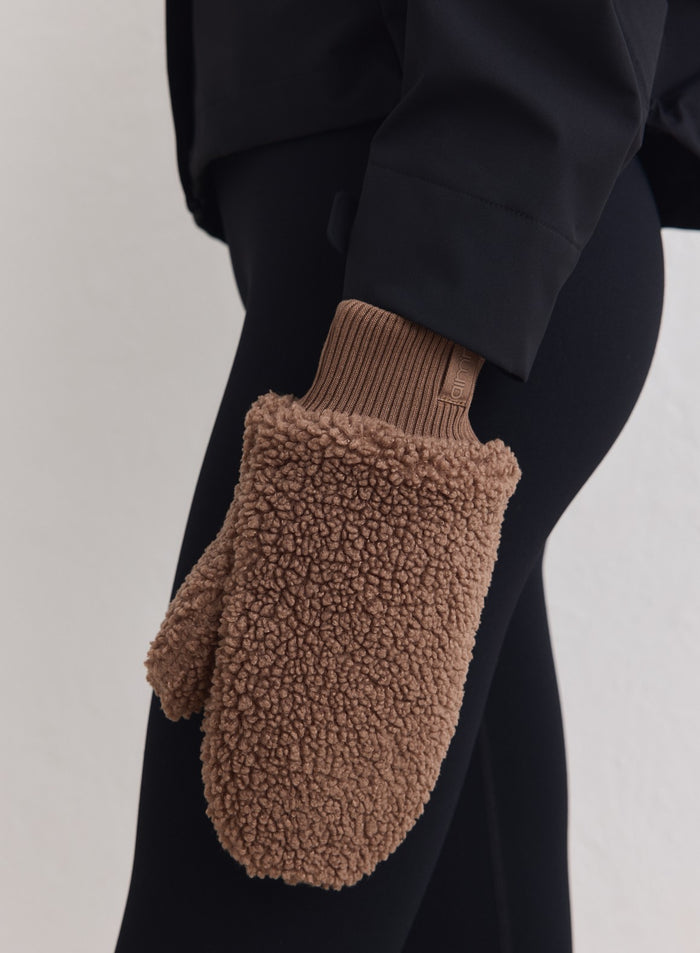 Hazelnut brown pile mittens from aim'n featuring a soft fuzzy texture and ribbed cuffs for extra warmth.