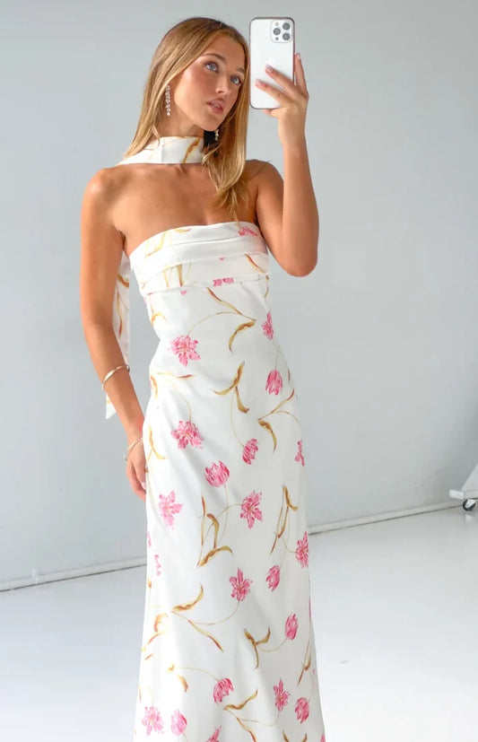 Icelynn Cream Floral Print Strapless Satin Maxi Dress