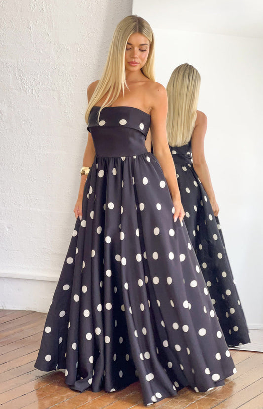 Beginning Boutique Julianne Strapless Polka Dot Satin Maxi Dress black and white polka dot satin strapless maxi dress