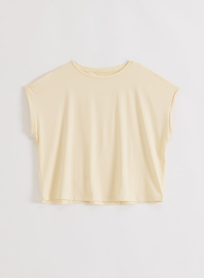 Lemon White Soft Basic Roll Sleeve Top