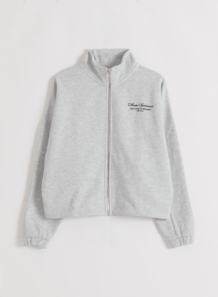 Light grey melange Script Zip Jacket from aim'n with a high collar, full-length zipper, and script logo.