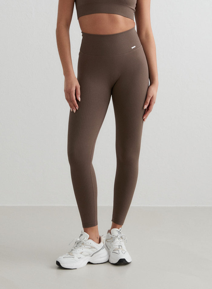 High-waisted brown Ribbed Seamless Tall Tights from aim'n with a supportive fit and second skin stretch.