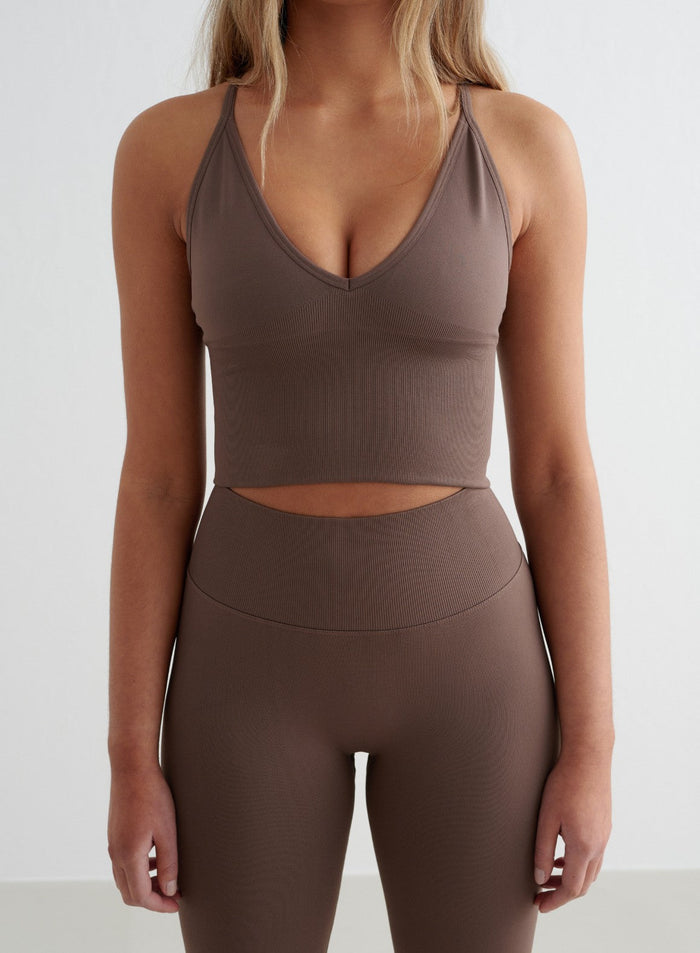 Macchiato brown aim'n Shape Seamless Cross Back Bralette featuring ribbed detailing and a tight fit.