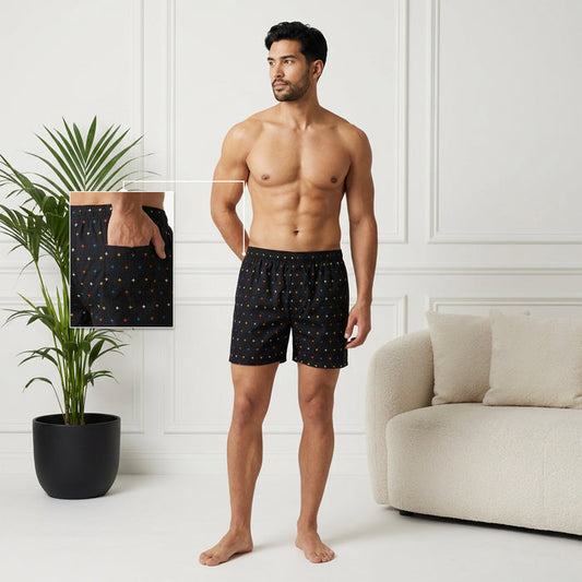 Men’s 100% Cotton Printed Mid-Rise Boxer Shorts (Black)