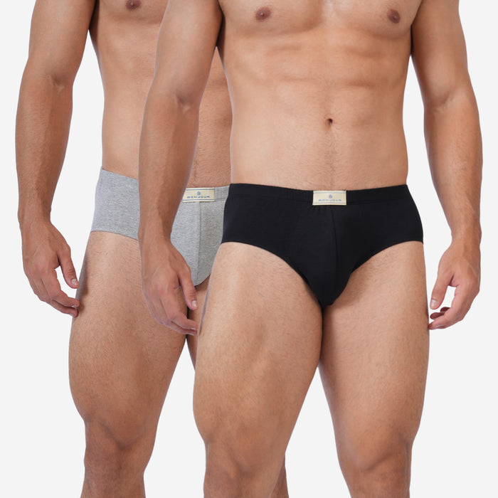 Men's Cotton Comfort Briefs | Soft & Breathable Everyday Innerwear | Black & Lt.Grey Mill | Pack of 2