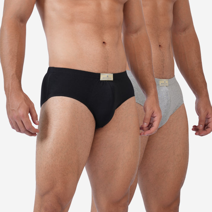 Men's Cotton Comfort Briefs | Soft & Breathable Everyday Innerwear | Black & Lt.Grey Mill | Pack of 2