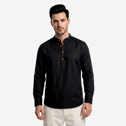 Men’s Linen Short Kurta | Solid Mandarin Collar (Black)
