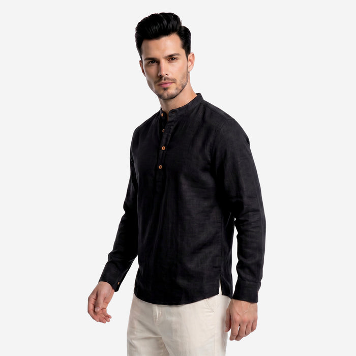 Men’s Linen Short Kurta | Solid Mandarin Collar (Black)
