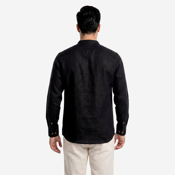 Men’s Linen Short Kurta | Solid Mandarin Collar (Black)