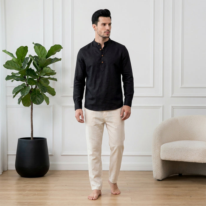 Men’s Linen Short Kurta | Solid Mandarin Collar (Black)