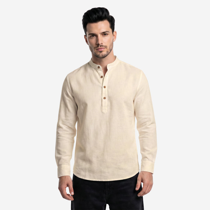 Men’s Linen Short Kurta | Solid Mandarin Collar (Cream)
