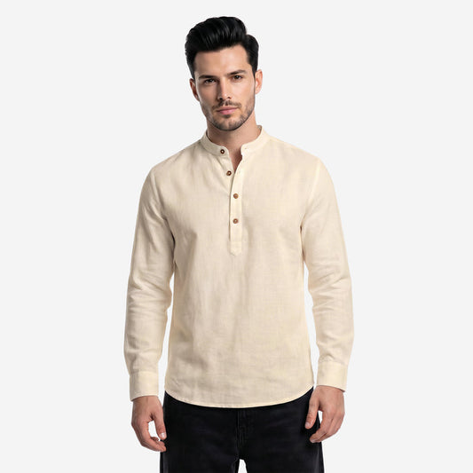 Men’s Linen Short Kurta | Solid Mandarin Collar (Cream)
