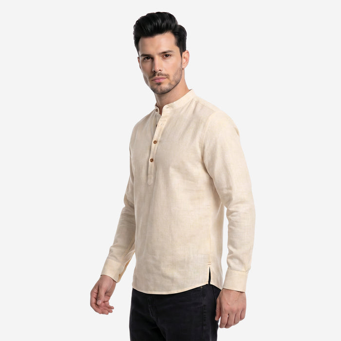 Men’s Linen Short Kurta | Solid Mandarin Collar (Cream)