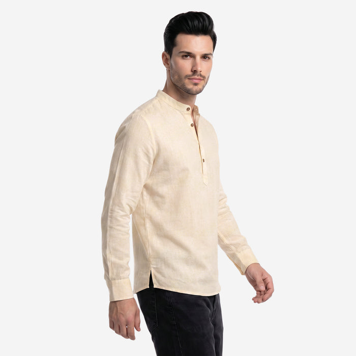 Men’s Linen Short Kurta | Solid Mandarin Collar (Cream)