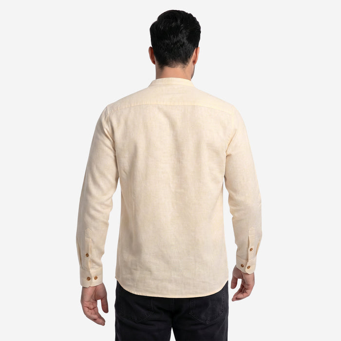 Men’s Linen Short Kurta | Solid Mandarin Collar (Cream)