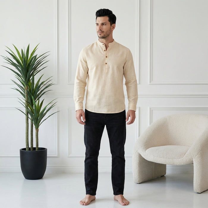 Men’s Linen Short Kurta | Solid Mandarin Collar (Cream)