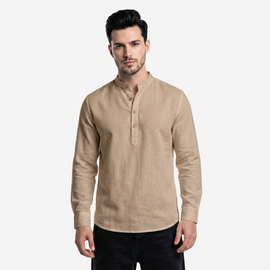 Men’s Linen Short Kurta | Solid Mandarin Collar (Dk.Beige)