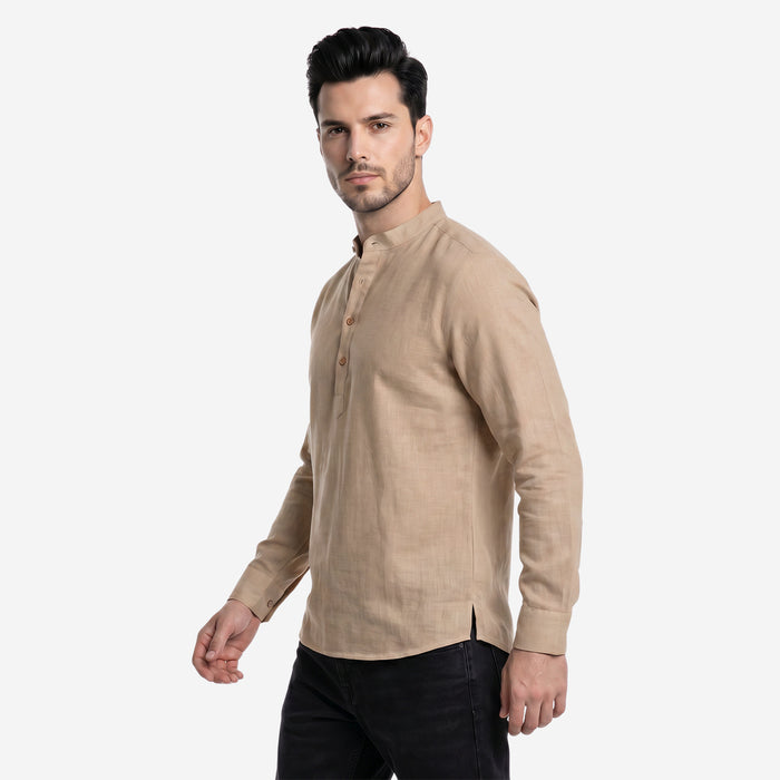 Men’s Linen Short Kurta | Solid Mandarin Collar (Dk.Beige)