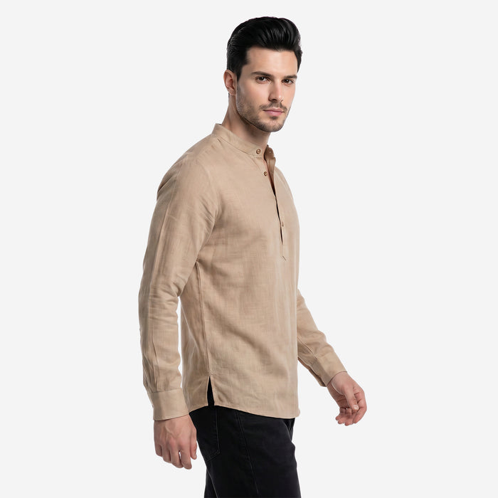 Men’s Linen Short Kurta | Solid Mandarin Collar (Dk.Beige)