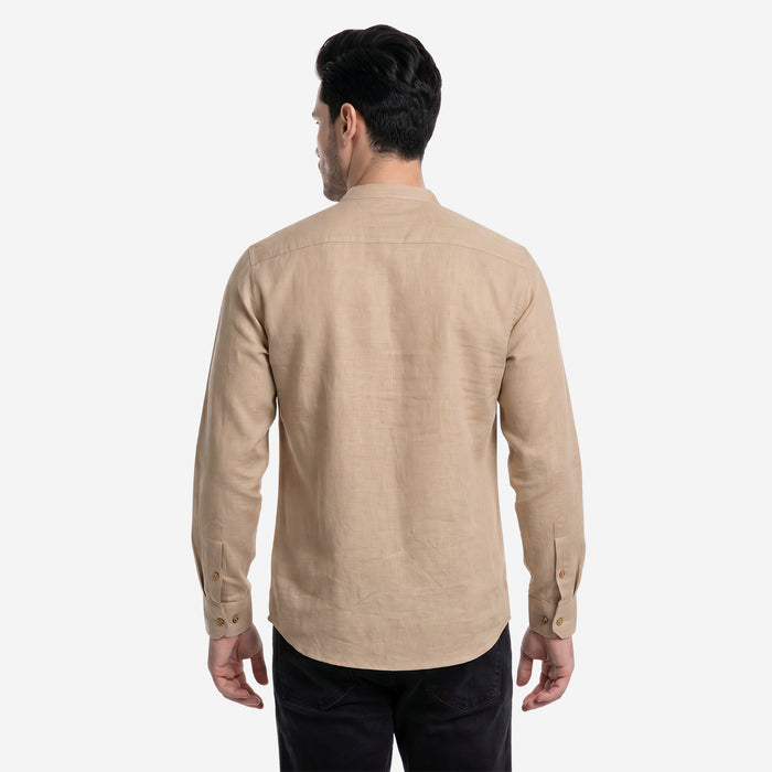 Men’s Linen Short Kurta | Solid Mandarin Collar (Dk.Beige)