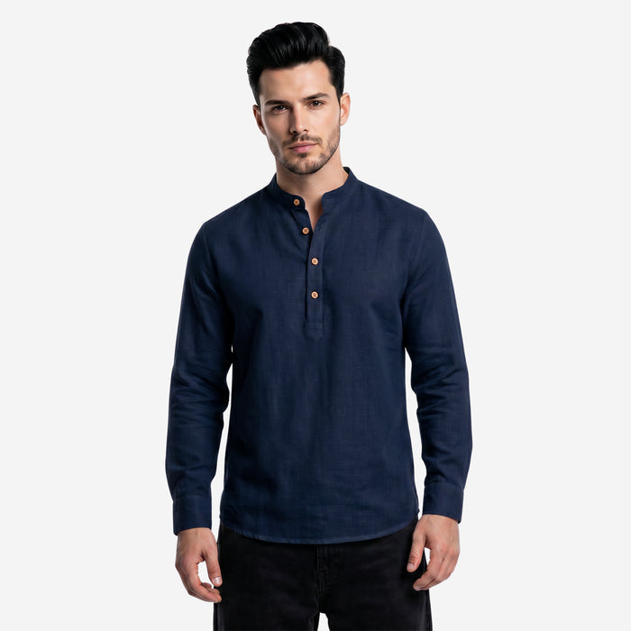 Men’s Linen Short Kurta | Solid Mandarin Collar (Navy)