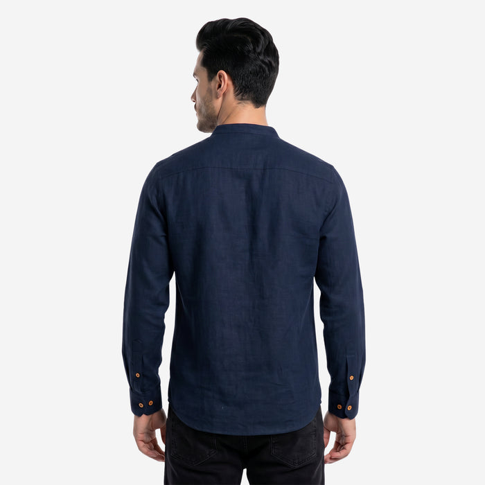 Men’s Linen Short Kurta | Solid Mandarin Collar (Navy)
