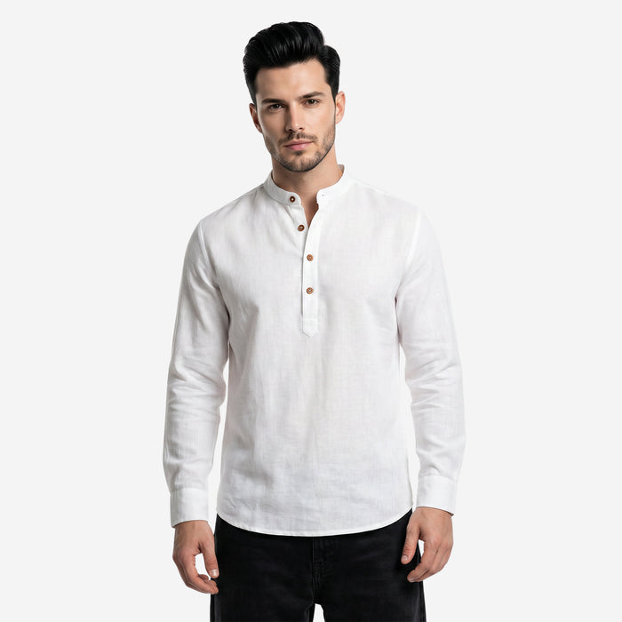 Men’s Linen Short Kurta | Solid Mandarin Collar (White)