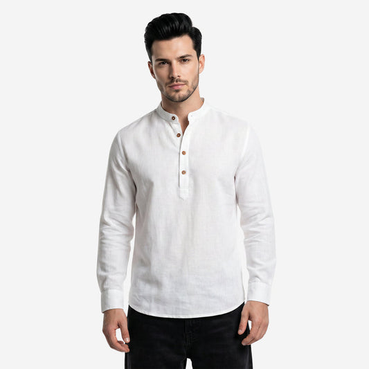 Men’s Linen Short Kurta | Solid Mandarin Collar (White)
