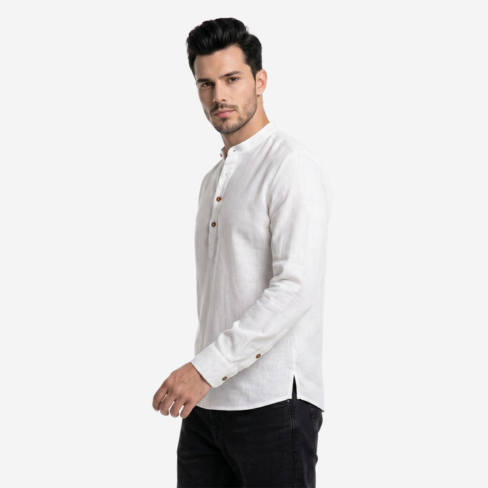 Men’s Linen Short Kurta | Solid Mandarin Collar (White)